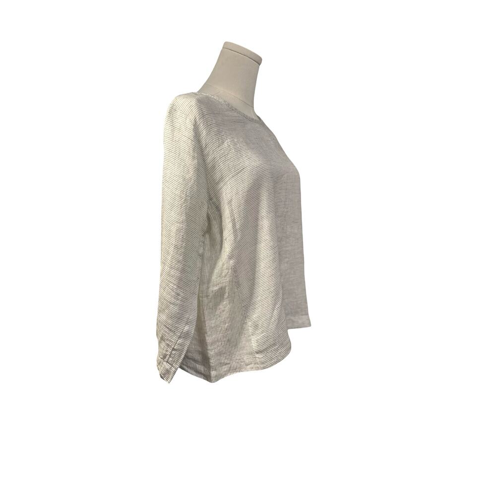 Tahari 100% Linen Striped Top Button Back Coastal Minimalist